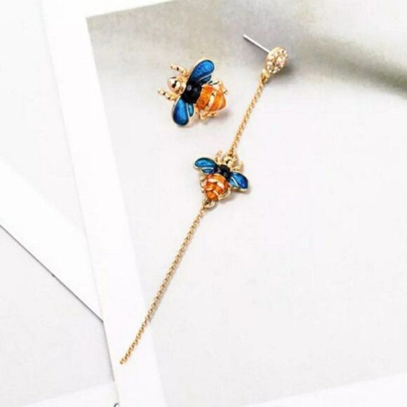 Blue Enamel Glaze Mismatch Crystal Bee Asymmetrical Gold Statement Drop Earrings - Picture 10 of 13